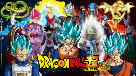 HD desktop wallpaper featuring characters from Dragon Ball Super, showcasing vibrant colors and intense action scenes with the show's logo prominently displayed.