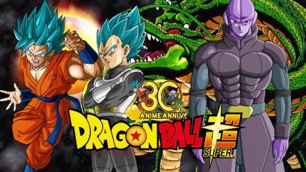 HD desktop wallpaper featuring Goku, SSGSS Vegeta, and Hit from Dragon Ball Super, with the iconic Dragon Ball logo and Shenron in the background, celebrating the 30th anime anniversary.