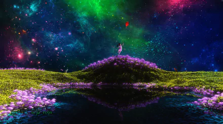 A little girl holding colorful balloons stands on a flower-covered hill beneath a vibrant starry sky, with her reflection mirrored in a calm pond—a fantasy HD desktop wallpaper.