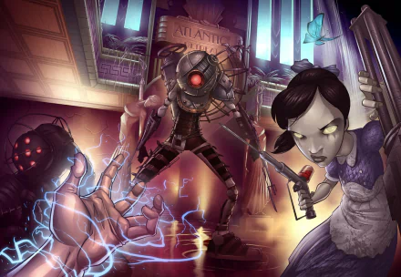HD PC desktop wallpaper featuring characters from the video game Bioshock 2, depicting a tense underwater scene with a Big Daddy and a Little Sister.