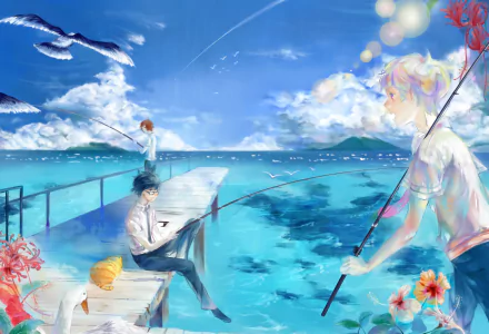 HD anime desktop wallpaper featuring Usami Natsuki, Sanada Yuki, and Haru from Tsuritama, set on a bright pier overlooking a vibrant blue ocean with seagulls and flowers.