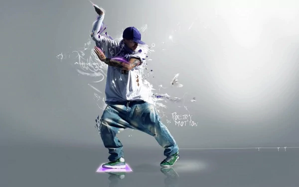 HD wallpaper of a person in dynamic dance pose with artistic abstract effects, portraying energy and rhythm against a minimalistic background.
