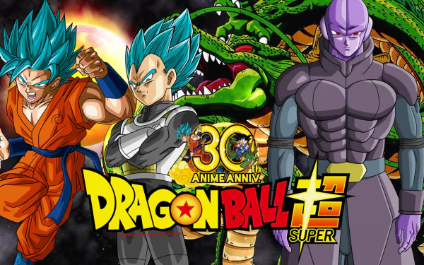 HD desktop wallpaper featuring Goku, SSGSS Vegeta, and Hit from Dragon Ball Super, with the iconic Dragon Ball logo and Shenron in the background, celebrating the 30th anime anniversary.