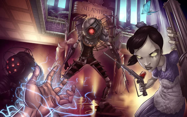 HD PC desktop wallpaper featuring characters from the video game Bioshock 2, depicting a tense underwater scene with a Big Daddy and a Little Sister.