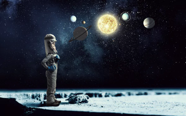 A child in a space suit stands on a lunar surface, gazing at a sci-fi depiction of the solar system with planets and the sun glowing against a starry sky in 4K Ultra HD.