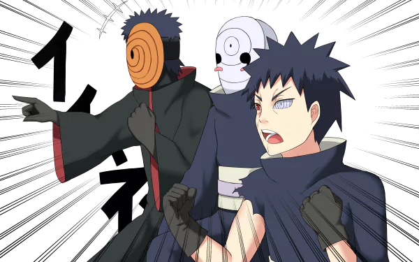 HD desktop wallpaper featuring Obito Uchiha from the anime Naruto. The image showcases Obito in different forms, with dynamic action lines adding intensity to the scene.