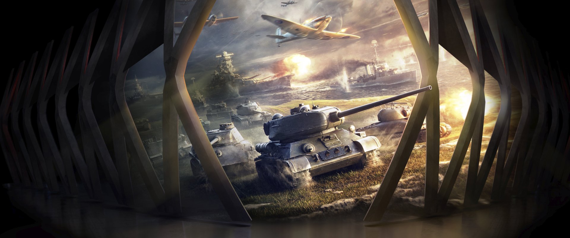 4K Ultra HD World of Tanks wallpaper depicting a T-34 tank advancing alongside warships and aircraft in a dramatic battle scene.