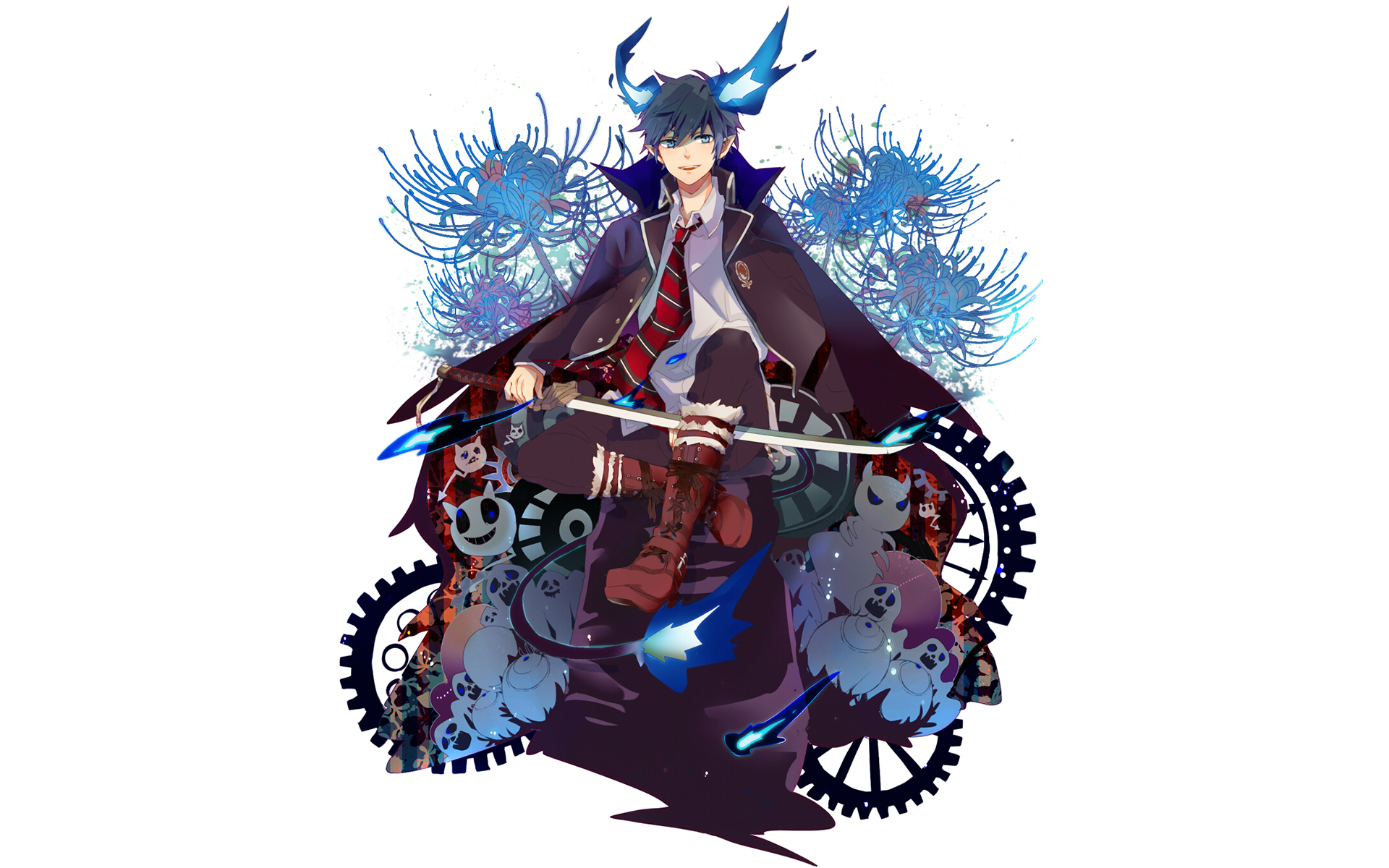 HD PC desktop wallpaper featuring Rin Okumura from the anime Blue Exorcist, showcasing him with blue flames and mechanical gear motifs in a dynamic pose.