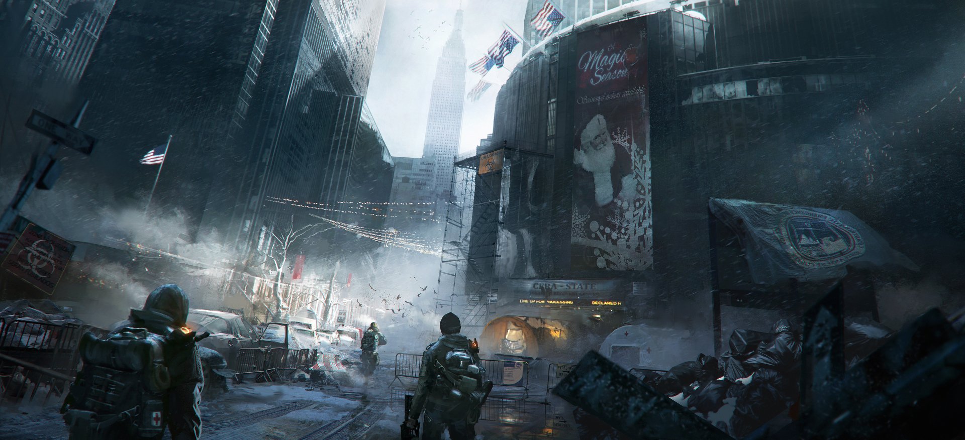 HD wallpaper of a city scene from Tom Clancy's The Division video game, featuring soldiers navigating through a dystopian urban landscape with American flags and a large billboard in the background.