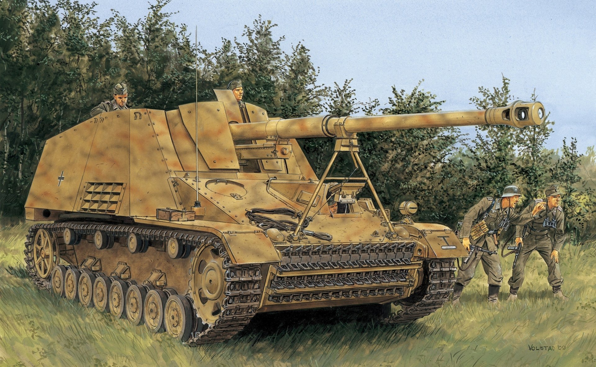 HD desktop wallpaper depicting a Panzer IV tank and two soldiers in a grassy, wooded military scene.