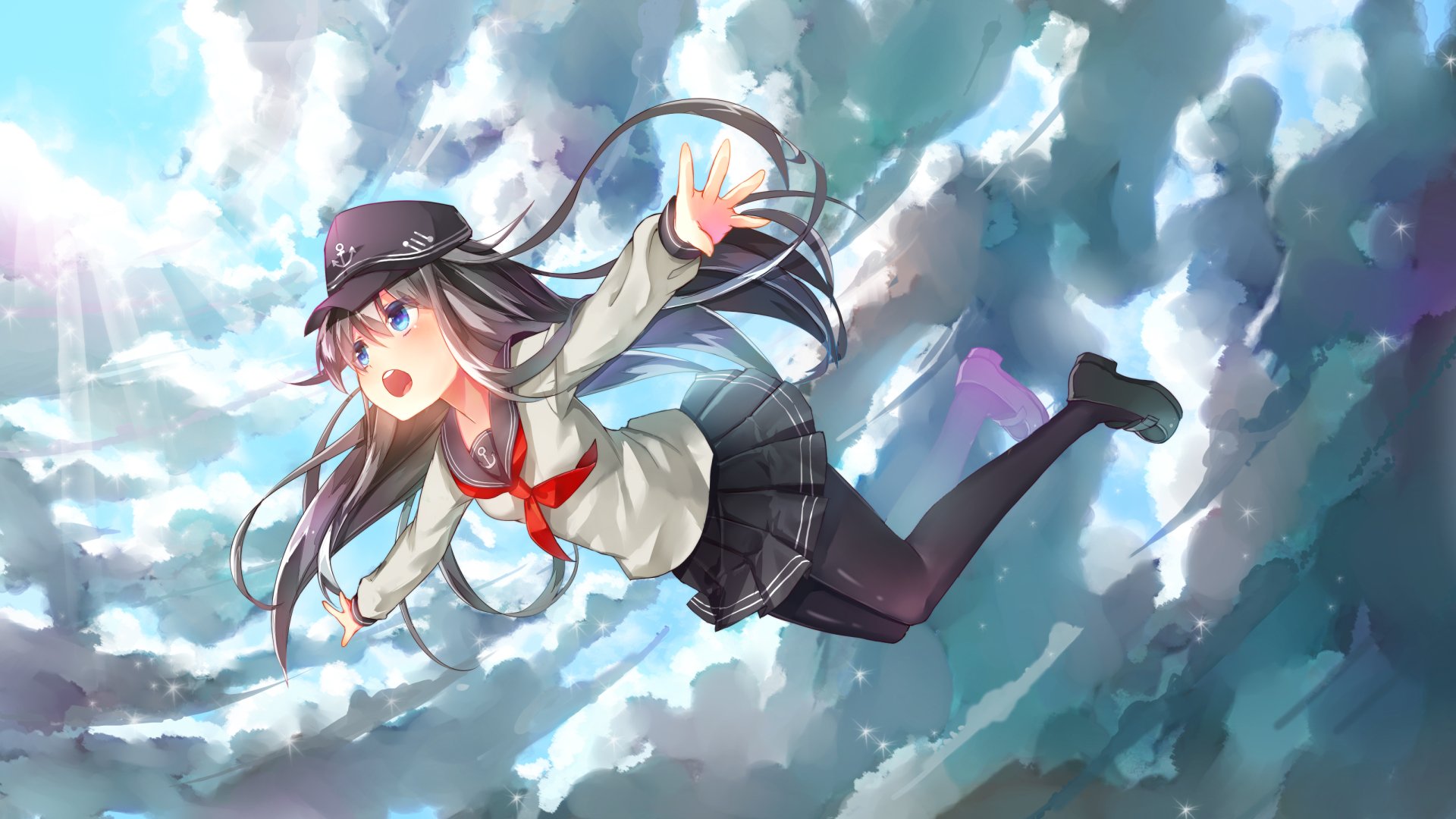 HD anime desktop wallpaper featuring Hibiki from Kantai Collection, depicted mid-air against a dramatic cloudy sky background.