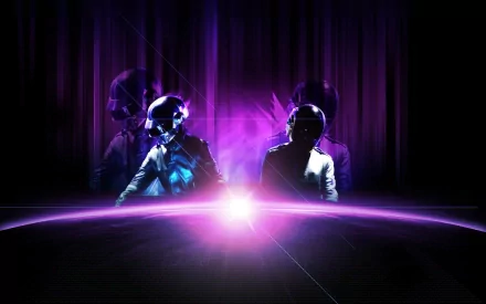 A vibrant HD desktop wallpaper featuring the iconic electronic duo Daft Punk, set against a backdrop of purple light and geometric shapes.
