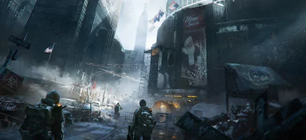 HD wallpaper of a city scene from Tom Clancy's The Division video game, featuring soldiers navigating through a dystopian urban landscape with American flags and a large billboard in the background.