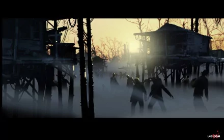 A haunting HD wallpaper from Left 4 Dead 2, featuring a dark, misty landscape filled with zombies and eerie silhouettes of structures, embodying horror and evil.