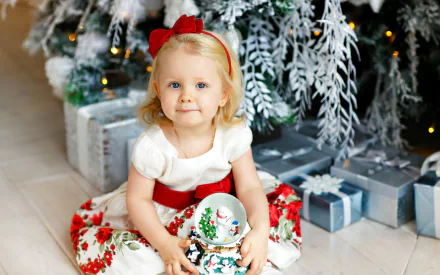 A cute little girl with a red bow sits in front of a decorated Christmas tree holding a festive ornament, surrounded by wrapped gifts. This HD wallpaper captures the joy and spirit of Christmas.