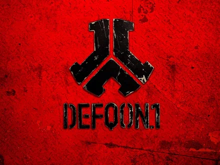 A bold red background featuring the Defqon.1 logo, this HD wallpaper embodies the energy of the Defcon video game brand, making it a striking choice for desktop backgrounds.