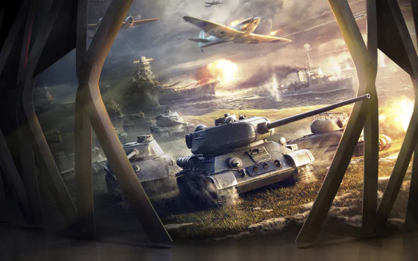 4K Ultra HD World of Tanks wallpaper depicting a T-34 tank advancing alongside warships and aircraft in a dramatic battle scene.
