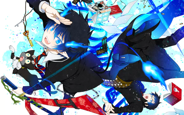 HD PC desktop wallpaper featuring Rin Okumura and Yukio Okumura in dynamic poses from the anime Blue Exorcist, with vibrant blue flames and detailed character art.