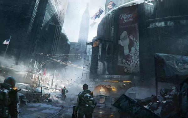 HD wallpaper of a city scene from Tom Clancy's The Division video game, featuring soldiers navigating through a dystopian urban landscape with American flags and a large billboard in the background.