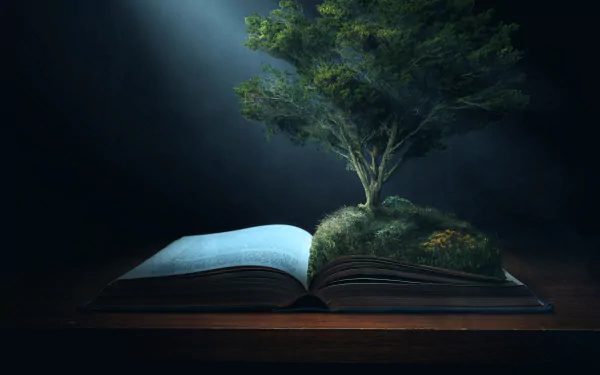 A fantasy-themed 4K Ultra HD PC desktop wallpaper depicting an open book with a glowing tree and grassy landscape emerging from its pages.