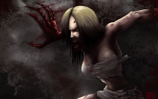 An intense HD wallpaper featuring a terrifying character from Left 4 Dead, showcasing a fierce pose with bloodied hands against a dark, gritty background.