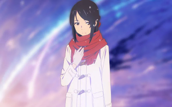 HD desktop wallpaper featuring Mitsuha Miyamizu from the anime Your Name. She is wearing a white coat and red scarf, with a cosmic background in shades of blue and purple.