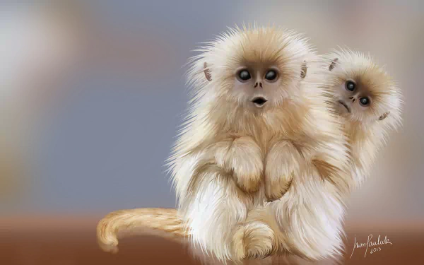 A cute painting of two fluffy monkeys captures their playful essence, making it a delightful HD wallpaper and background for animal lovers.