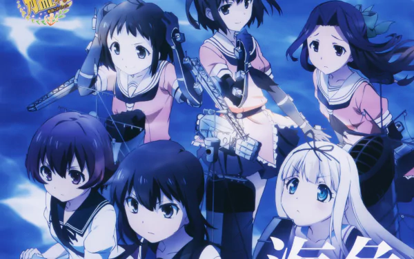 HD anime wallpaper featuring Mutsuki, Fubuki, Yuudachi, Jintsuu, Sendai, and Naka from Kantai Collection in a vibrant blue-toned setting.