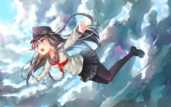 HD anime desktop wallpaper featuring Hibiki from Kantai Collection, depicted mid-air against a dramatic cloudy sky background.
