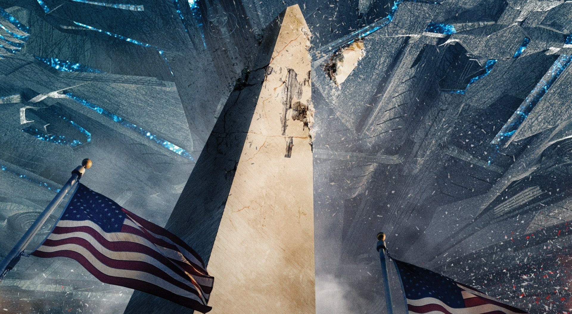 HD PC desktop wallpaper featuring the Washington Monument with American flags and an alien spaceship above, inspired by the movie Independence Day: Resurgence.