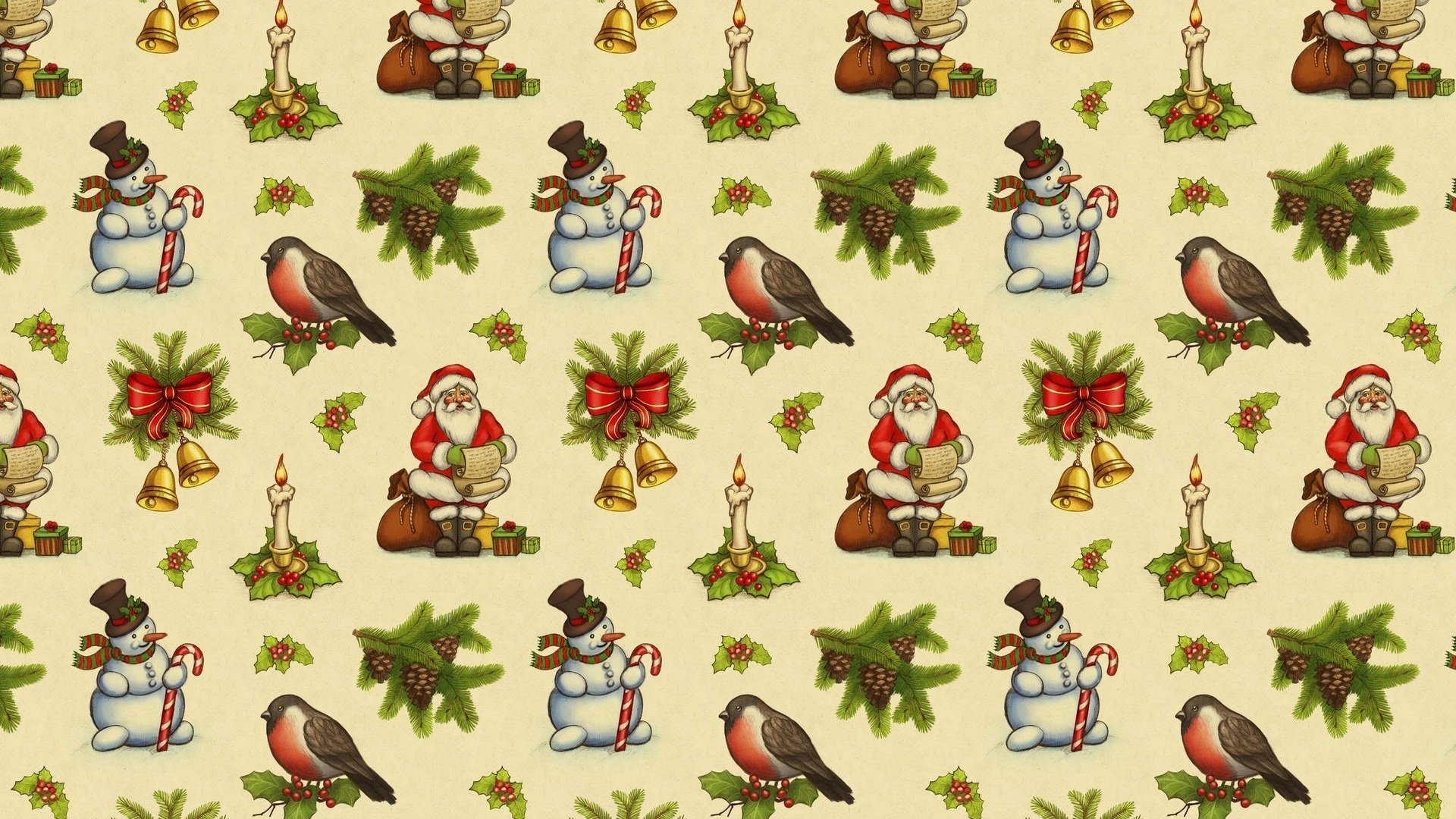 HD Christmas-themed PC desktop wallpaper featuring festive icons like Santa Claus, snowmen, holly, candles, and birds arranged in a repeating pattern.