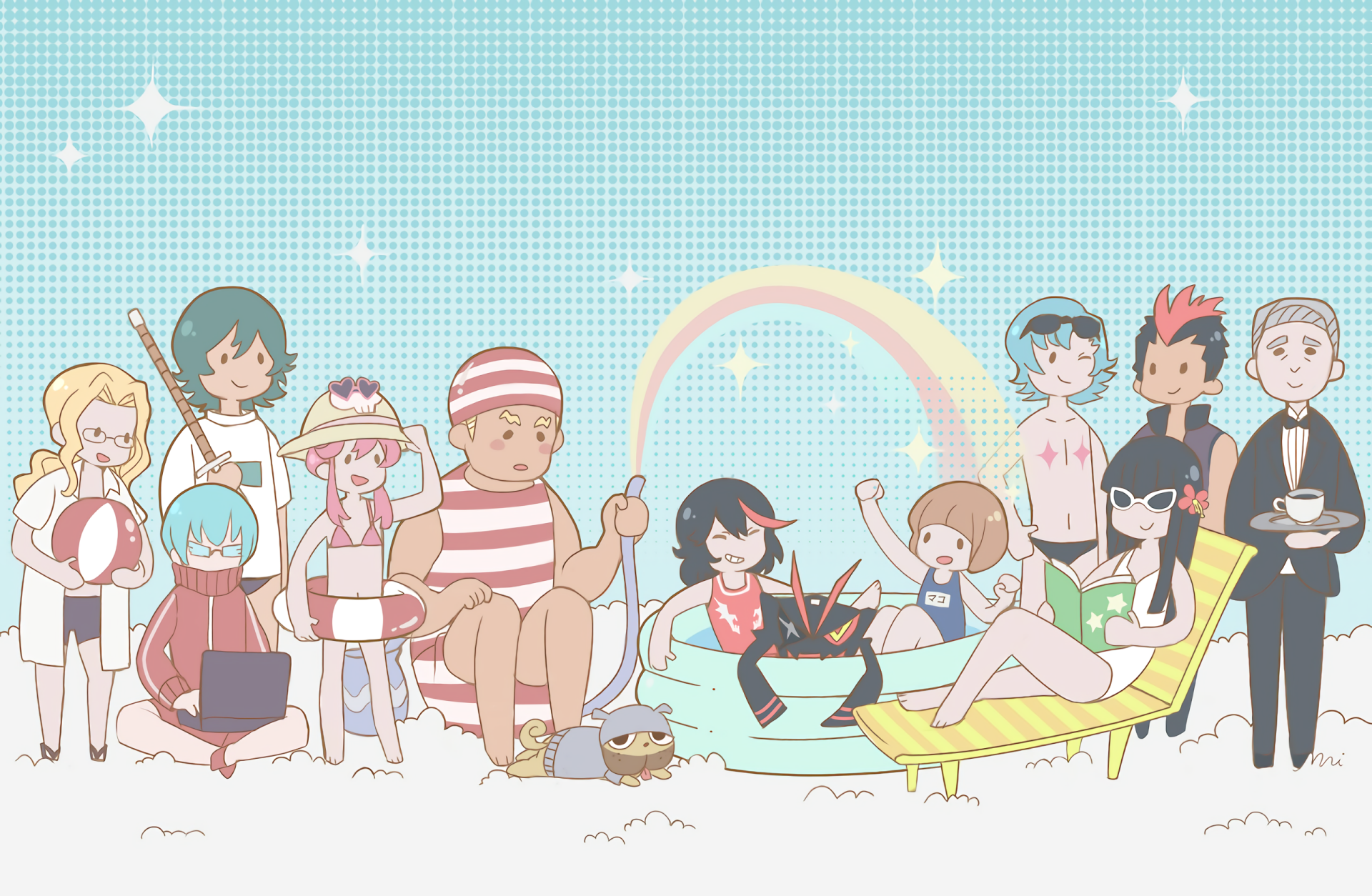 HD anime desktop wallpaper featuring diverse Kill La Kill characters relaxing on a beach under a starry sky with a rainbow in the background.