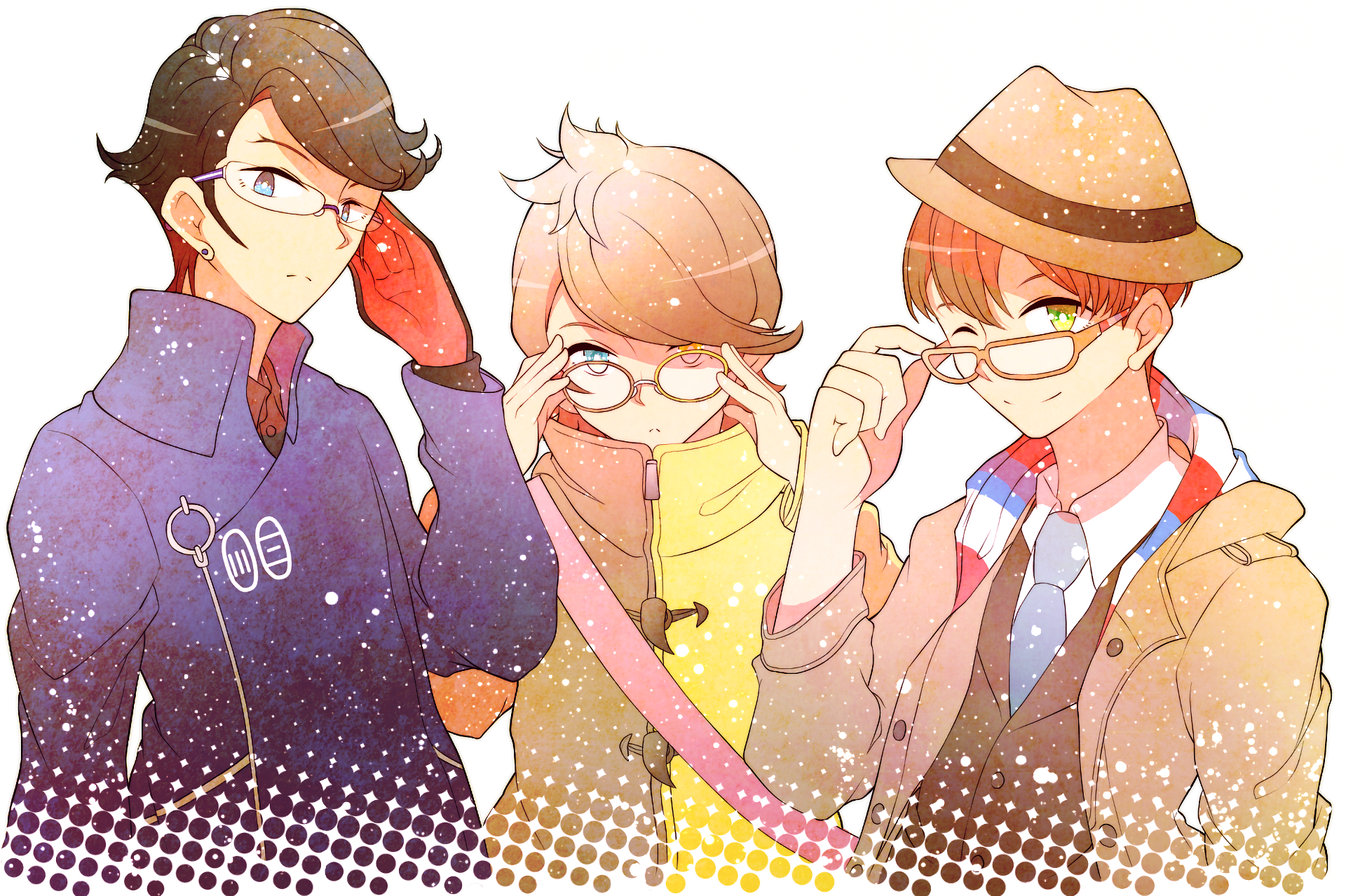Anime HD PC desktop wallpaper of Occultic;Nine: three bespectacled young men in stylish coats and scarves, warm pastel tones with sparkle effects and a soft halftone border
