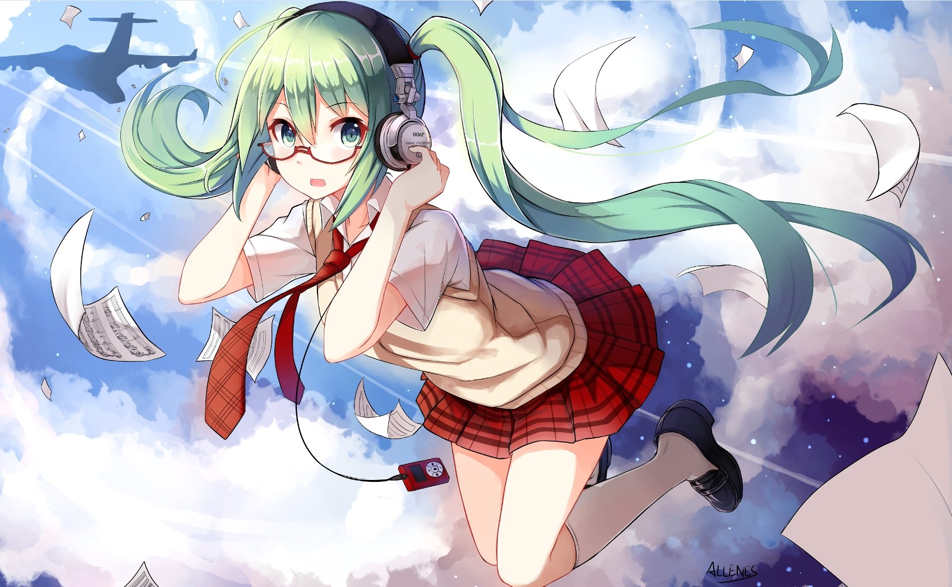 HD anime desktop wallpaper featuring Hatsune Miku. She has long green hair, green eyes, and is wearing headphones. The background shows a sky with scattered papers. Tags: Vocaloid, anime.