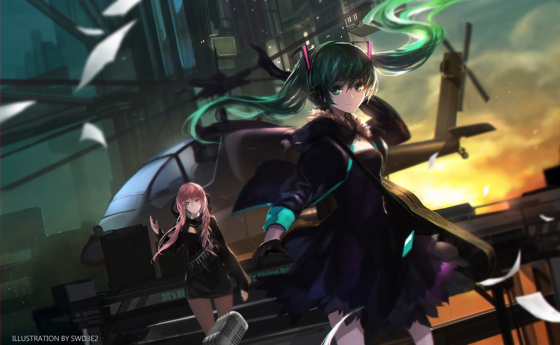 HD desktop wallpaper featuring Luka Megurine and Hatsune Miku from Vocaloid in an anime-style setting. The background shows a dramatic sunset with industrial elements and scattered papers.