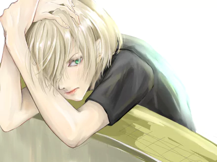 HD desktop wallpaper featuring a character from the anime Yuri!!! on ICE. The character with blonde hair rests their arms on a table, offering a serene and contemplative expression.