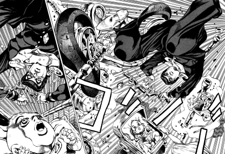 Black-and-white manga-style HD desktop wallpaper featuring Josuke Higashikata from Jojo's Bizarre Adventure in dynamic action scenes.