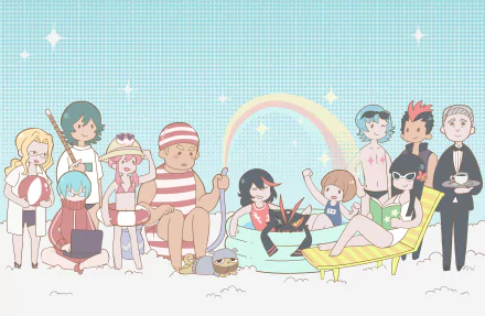 HD anime desktop wallpaper featuring diverse Kill La Kill characters relaxing on a beach under a starry sky with a rainbow in the background.