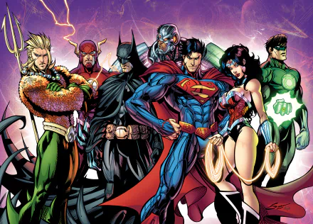 HD wallpaper featuring The New 52 Justice League characters: Aquaman, Flash, Batman, Cyborg, Superman, Wonder Woman, and Green Lantern. The superheroes stand united, showcasing their iconic outfits and powers.