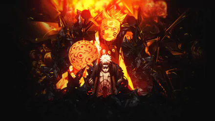 HD desktop wallpaper featuring Naruto Uzumaki from the anime Naruto, with a fiery backdrop and intense visual elements.