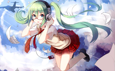 HD anime desktop wallpaper featuring Hatsune Miku. She has long green hair, green eyes, and is wearing headphones. The background shows a sky with scattered papers. Tags: Vocaloid, anime.