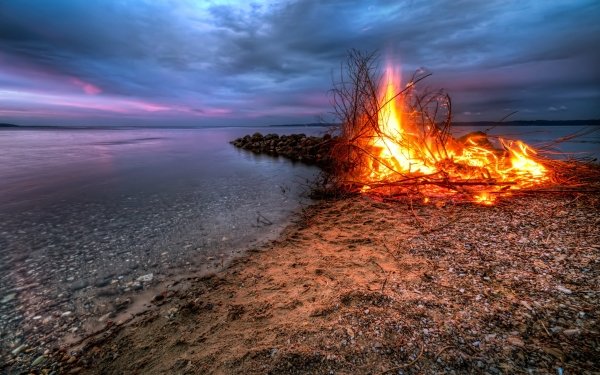 Photography Fire Bonfire Beach Ocean Sea Horizon HD Wallpaper | Background Image