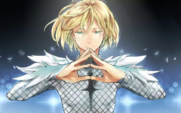 HD desktop wallpaper featuring a character from the anime Yuri!!! on ICE in a striking pose, set against a sparkling background.