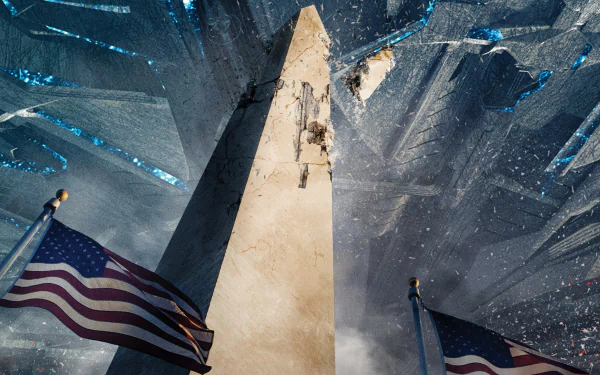 HD PC desktop wallpaper featuring the Washington Monument with American flags and an alien spaceship above, inspired by the movie Independence Day: Resurgence.