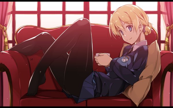 Anime Girls und Panzer Darjeeling Short Hair Blonde Skirt Thigh Highs Smile Drink Couch HD Wallpaper | Background Image