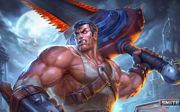 Tyr (Smite) — muscular warrior swinging a massive hammer beneath a moonlit sky. 4K Ultra HD PC desktop wallpaper/background from the Smite video game.