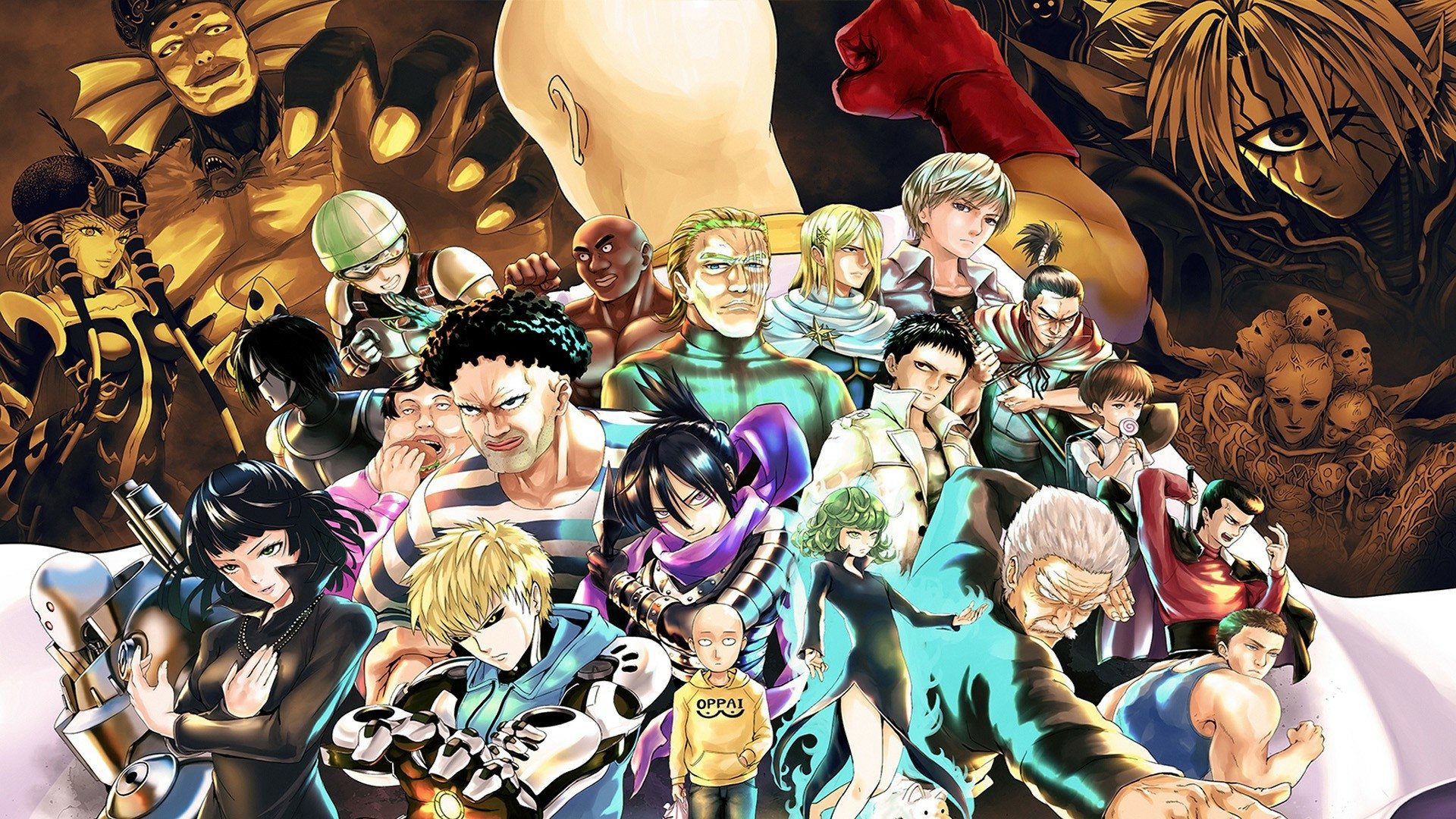 HD PC desktop wallpaper featuring a vibrant anime collage from One-Punch Man, showcasing a diverse cast of characters in dynamic poses.