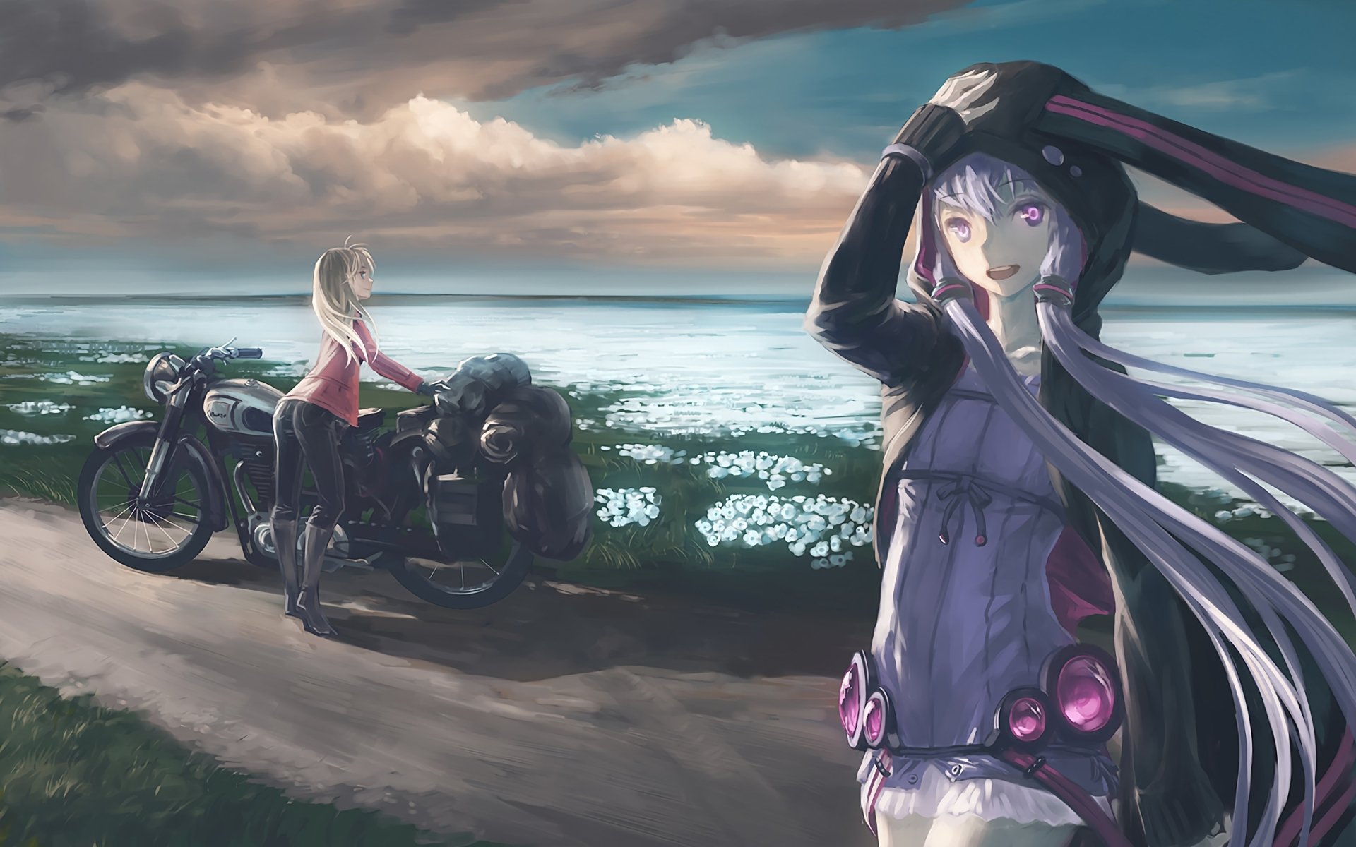 HD PC desktop wallpaper featuring Yuzuki Yukari from Vocaloid in an anime style, with a scenic coastal background and a motorcycle by the shore.