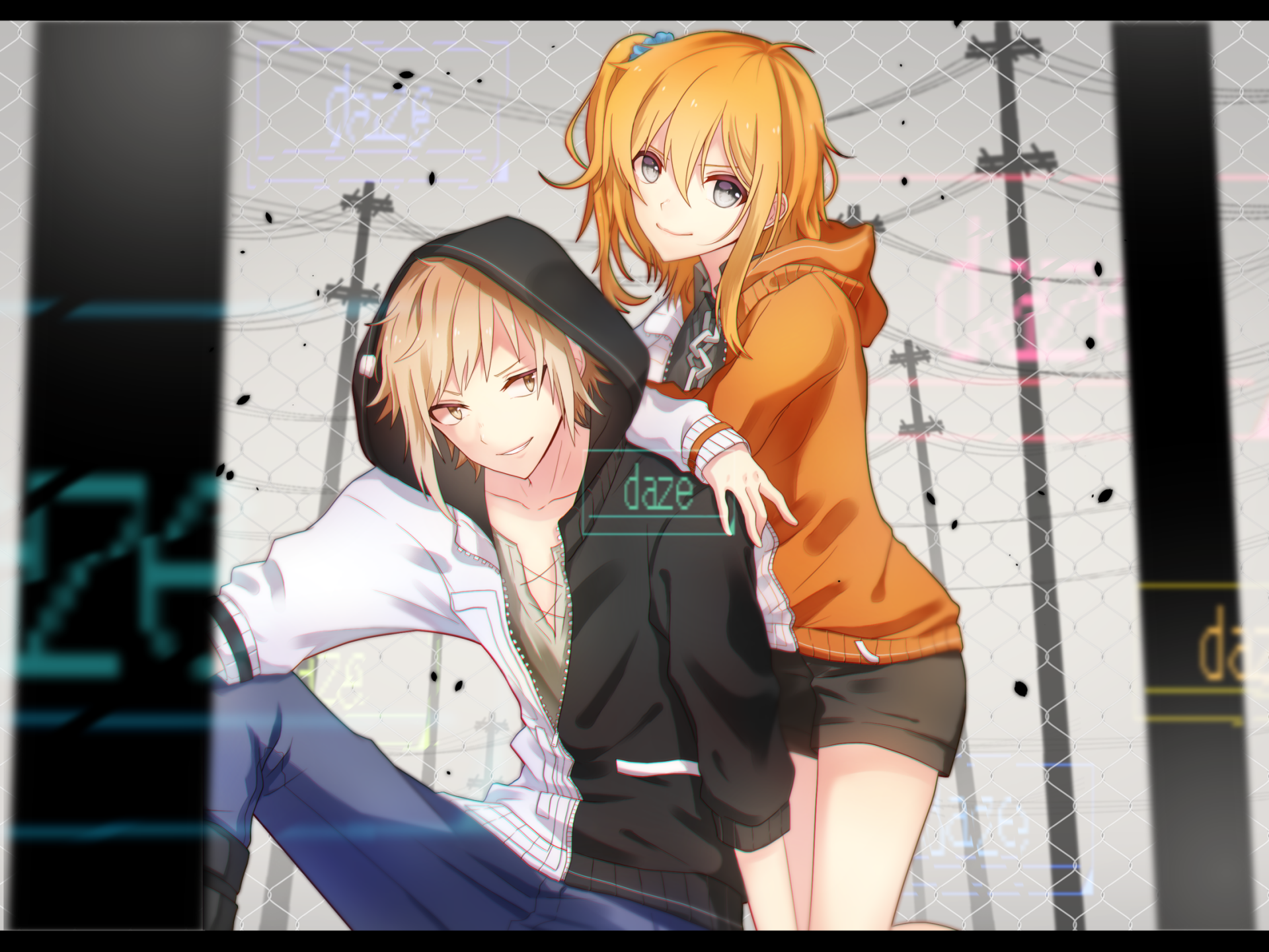 Anime HD PC desktop wallpaper from Kagerou Project: two smiling characters (blond girl in orange hoodie, blond boy in black hoodie) posing against a stylized urban background.