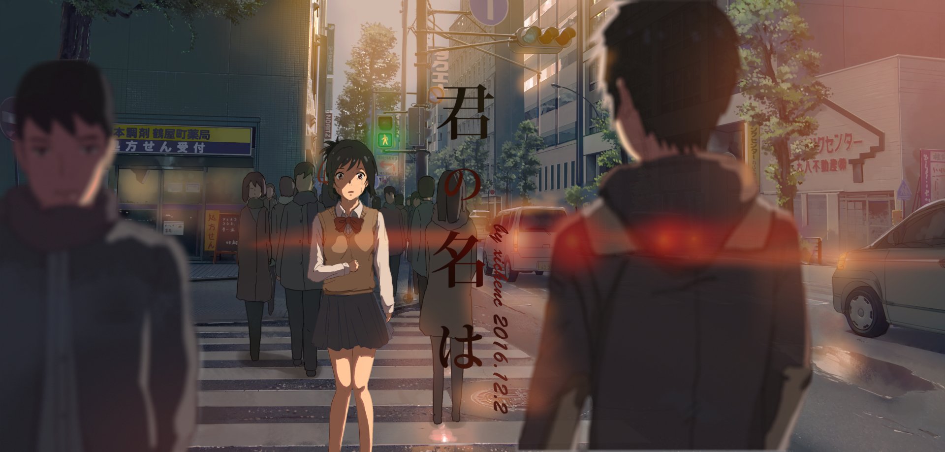 HD desktop wallpaper featuring Taki Tachibana and Mitsuha Miyamizu from the anime Your Name. They are walking towards each other on a city street, with passersby and traffic signals in the background.